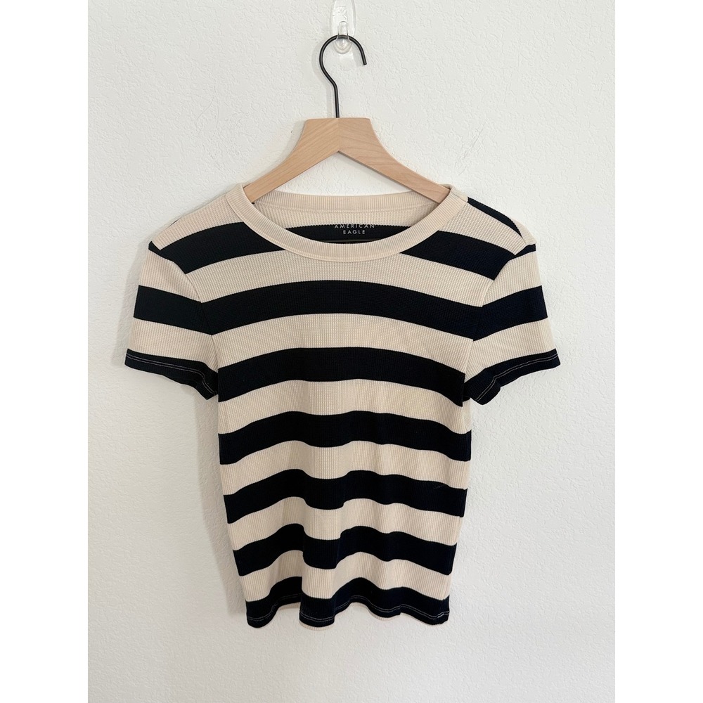 American Eagle Womens Cream Navy Blue Striped Ribbed Short Sleeve T-Shirt Size M